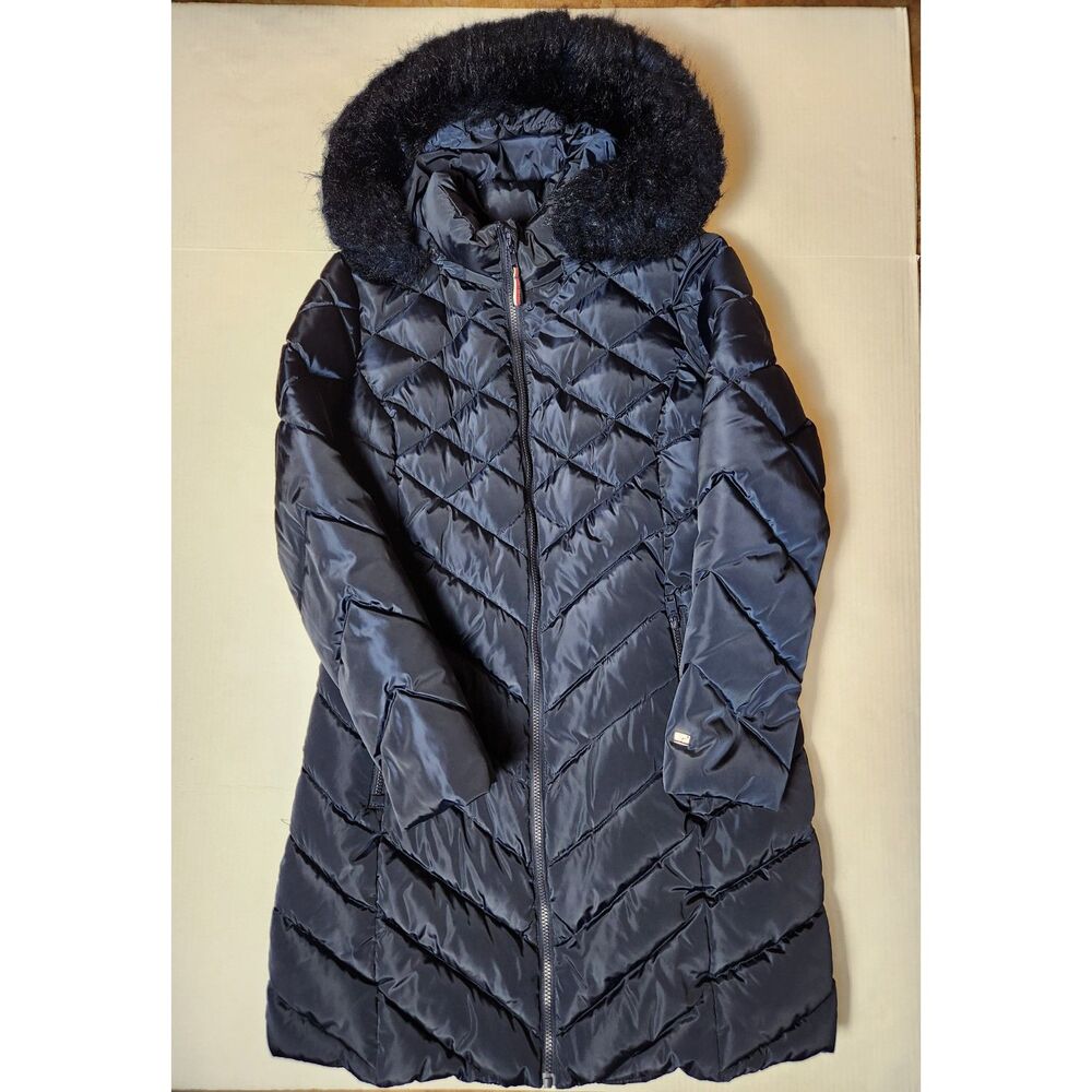 Tommy Hilfiger Long Hooded Puffer Coat Jacket Women's Medium Navy Blue